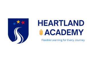 Logo for Heartland Academy featuring a shield with three stars and a winding path, alongside the text "Heartland Academy – Flexible Learning for Every Journey."