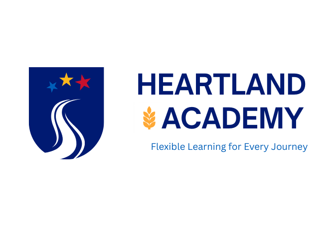 Logo for Heartland Academy featuring a shield with three stars and a winding path, alongside the text "Heartland Academy – Flexible Learning for Every Journey."