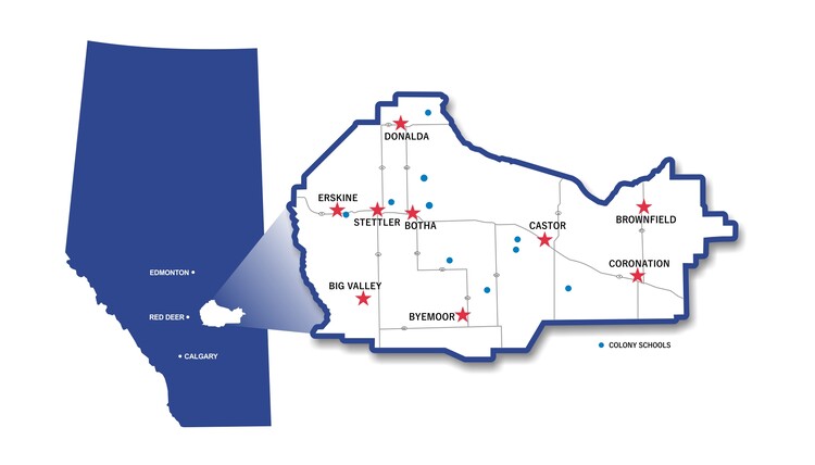 map of Alberta with markers indicating where schools are located
