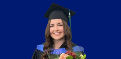 A photo of Rayanna Ramsay, the 2025 Edwin Parr Finalist for Clearview Public Schools. She is wearing a graduation cap and gown while holding a bouquet of flowers, smiling. The image has a blue background.