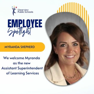 A professional headshot of Myranda Shepherd is featured on the right, smiling and wearing a cream blazer and gold necklace. On the left, text reads “Employee Spotlight – Myranda Shepherd. We welcome Myranda as the new Assistant Superintendent of Learning